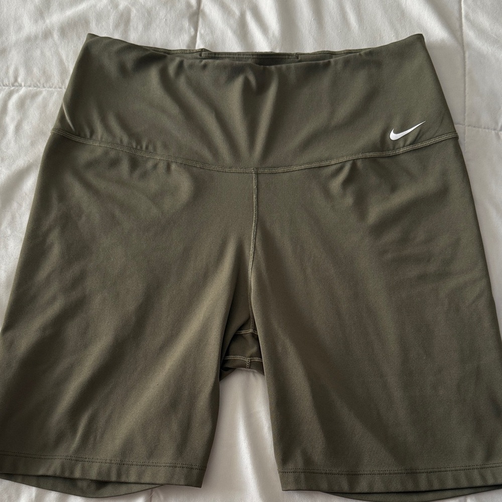Nike Olive Green High-Rise Bike Shorts with White Swoosh